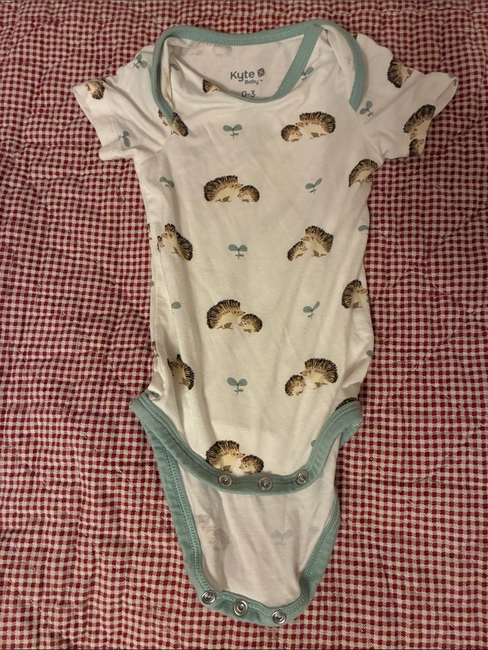 Kyte BABY 0-3 months White Hedgehog Print Short-Sleeve One-Piece with Teal Trim